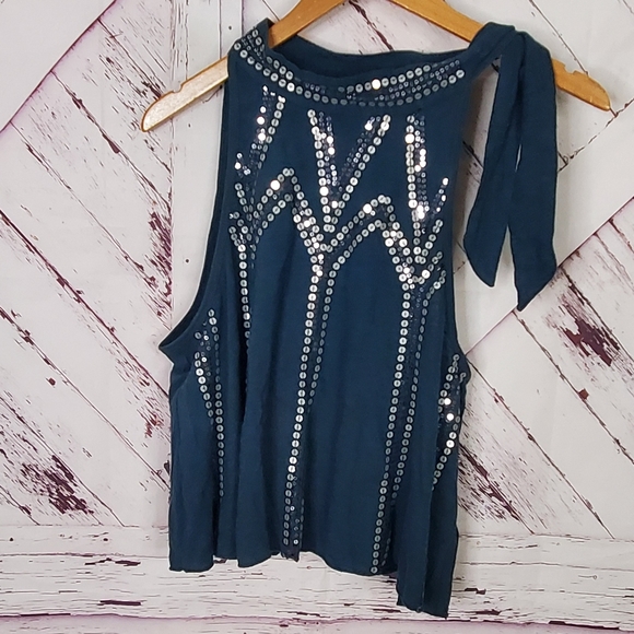 Free People Tops - Free People Glitter City Sequins Teal Tank Top